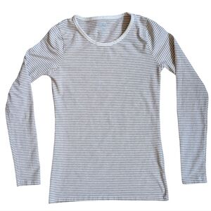 NWOT Duluth Trading Long Sleeve T Shirt Striped Brown Cream Scoop Neck Cotton S